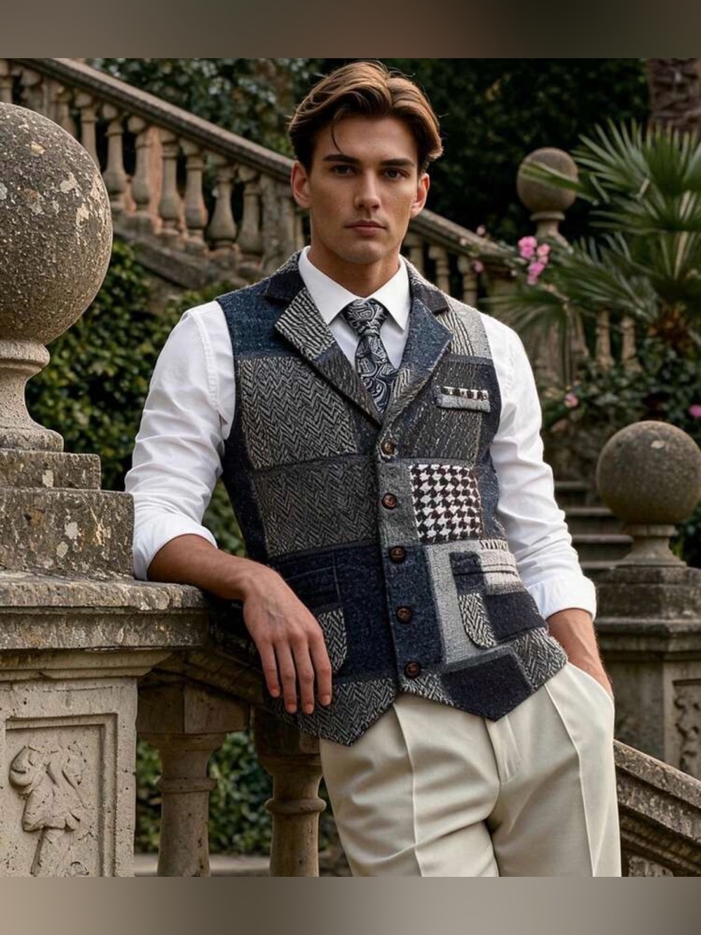 Brand New, Men's European Retro Patchwork Lapel European Suit Vest, Size S